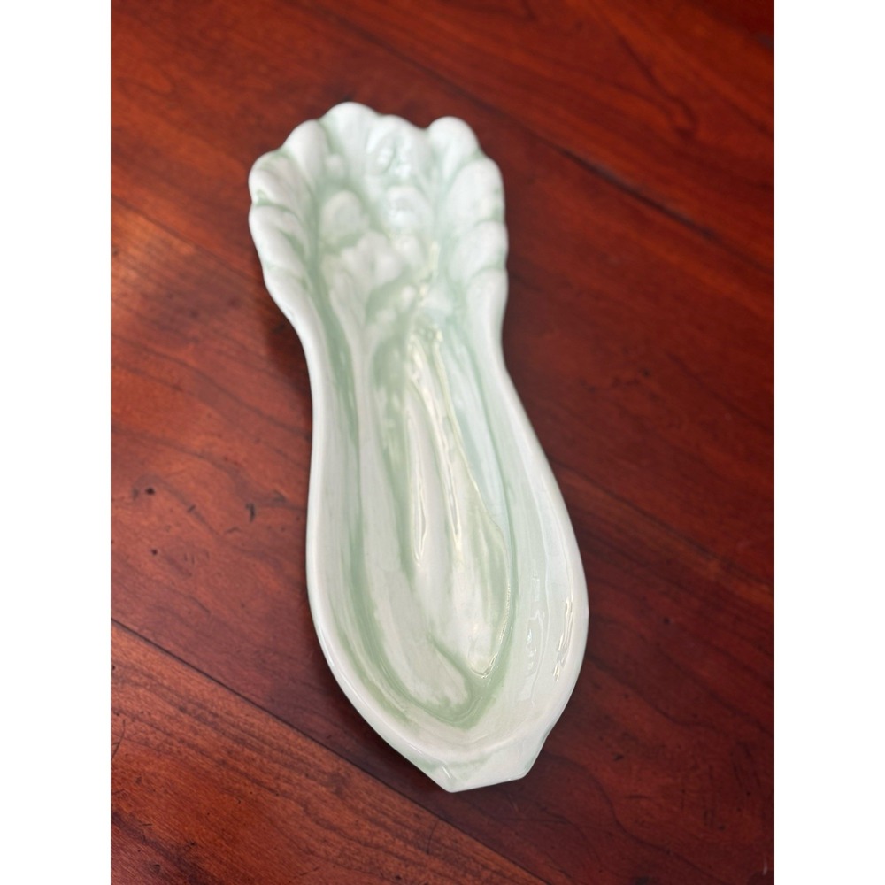 Celery Shaped Serving Dish Artisan Handmade 11" Light Green & White